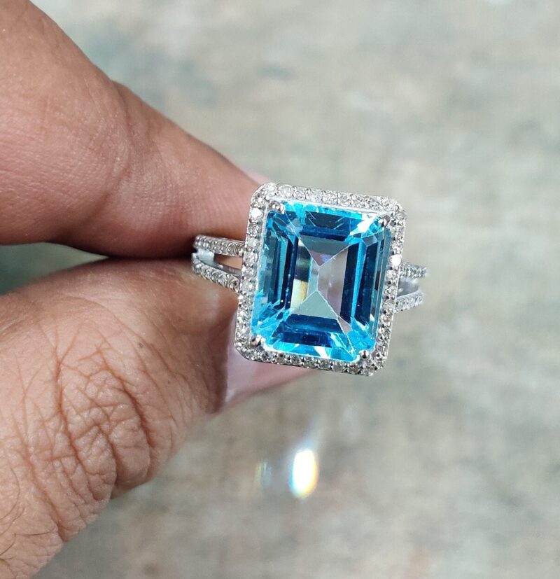 Aquamarine Engagement Ring Emerald Cut | 14K White Gold | Vintage-Inspired Sparkle, Handcrafted Gemstone Jewelry, natural diamonds solitaire - Image 2