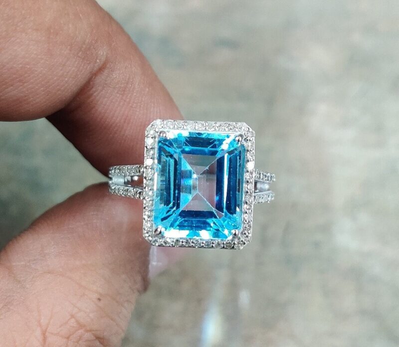 Aquamarine Engagement Ring Emerald Cut | 14K White Gold | Vintage-Inspired Sparkle, Handcrafted Gemstone Jewelry, natural diamonds solitaire