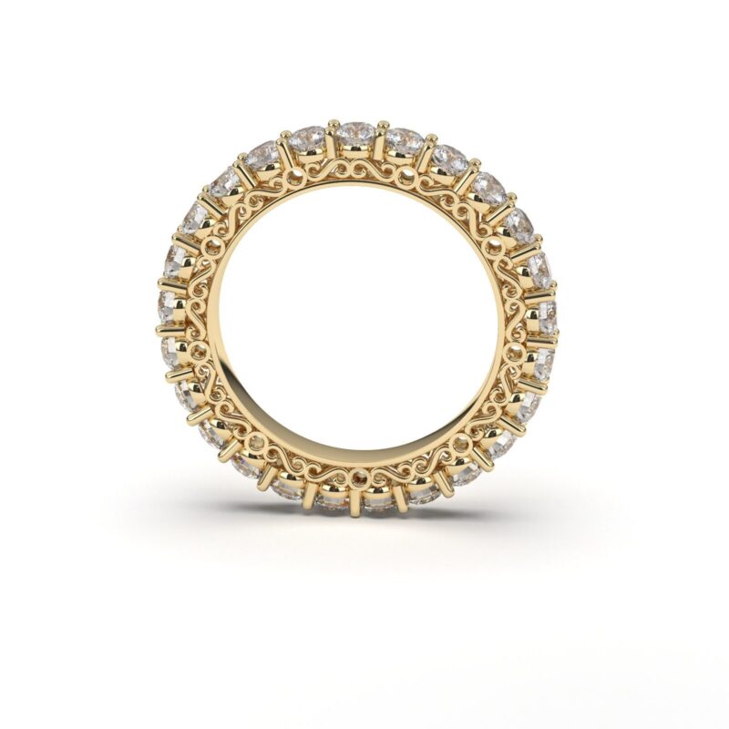 Modern moissanite wedding band, Glamorous 3mm moissanite band, Filigree Design Ring, 14k Solid Gold Band, Full Eternity Statement Prong set