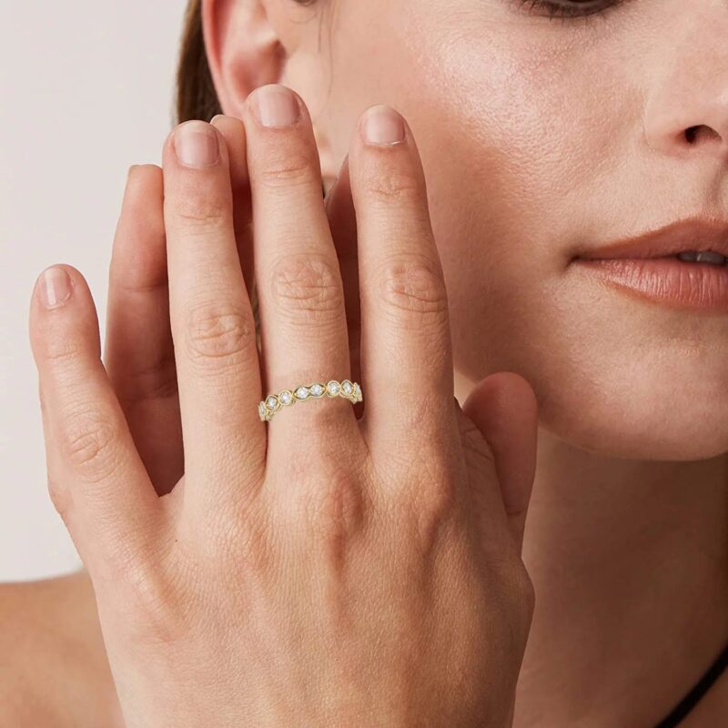 Half eternity milgrain wedding band, 14k gold moissanite wedding ring, Stackable Bridal Handcrafted Classic Brilliant Cut Simulated Diamond - Image 4