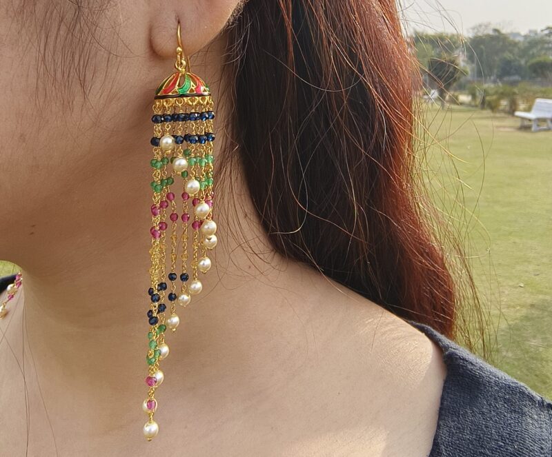 Silver Jhumka Pair, 925 Sterling silver Gold Plated Indian Traditional Jhumka for Women, Spiral Multistone Multicolor Pearl, Modern Jhumkis - Image 2