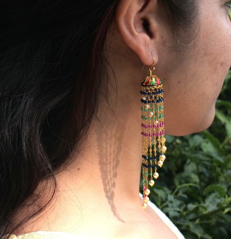 Silver Jhumka Pair, 925 Sterling silver Gold Plated Indian Traditional Jhumka for Women, Spiral Multistone Multicolor Pearl, Modern Jhumkis - Image 3