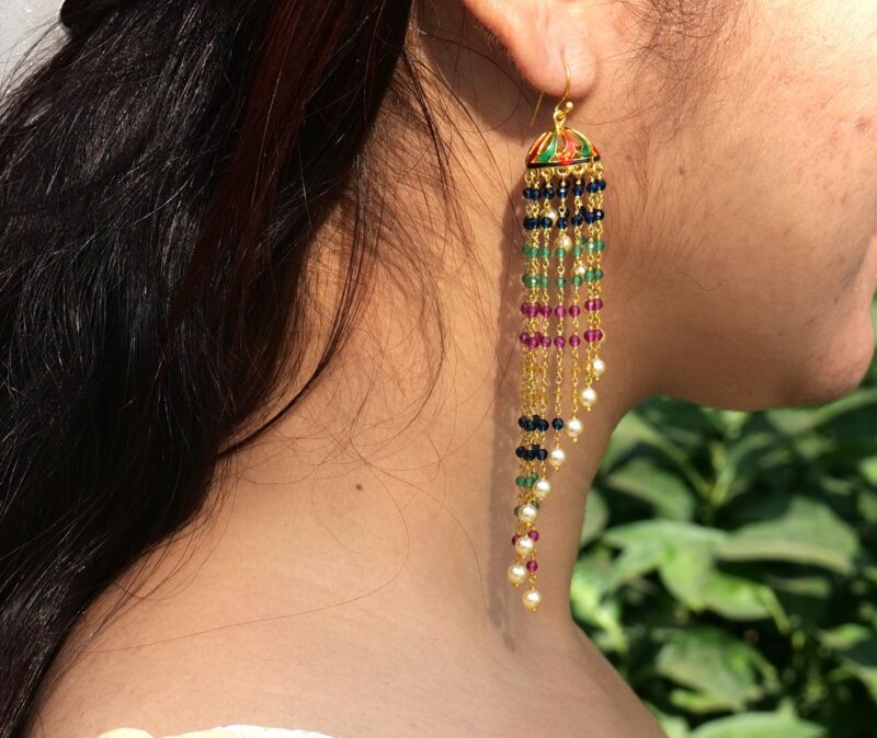 Silver Jhumka Pair, 925 Sterling silver Gold Plated Indian Traditional Jhumka for Women, Spiral Multistone Multicolor Pearl, Modern Jhumkis - Image 5