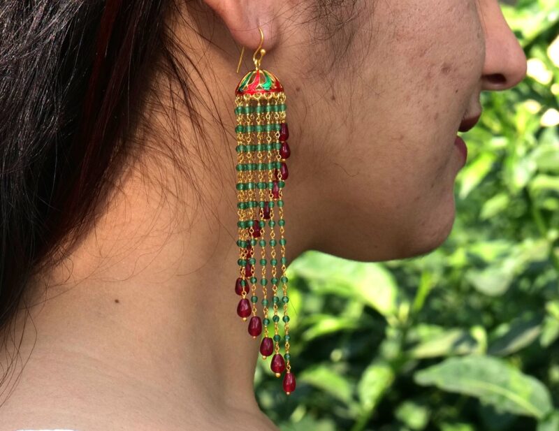 Silver Jhumkas Pair, 925 Sterling silver Gold Plated Indian Traditional Jhumka for Women, Spiral Red and Green Aventurine, Modern Jhumkis - Image 2