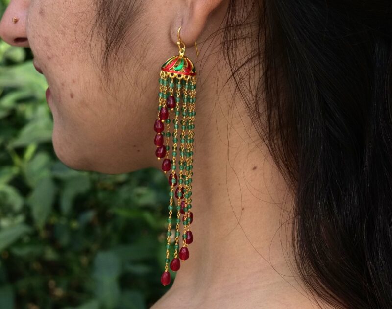 Silver Jhumkas Pair, 925 Sterling silver Gold Plated Indian Traditional Jhumka for Women, Spiral Red and Green Aventurine, Modern Jhumkis - Image 3
