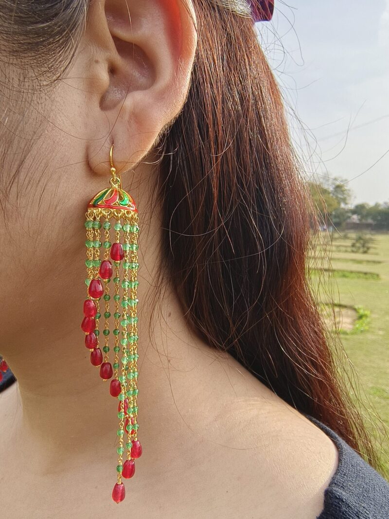 Silver Jhumkas Pair, 925 Sterling silver Gold Plated Indian Traditional Jhumka for Women, Spiral Red and Green Aventurine, Modern Jhumkis