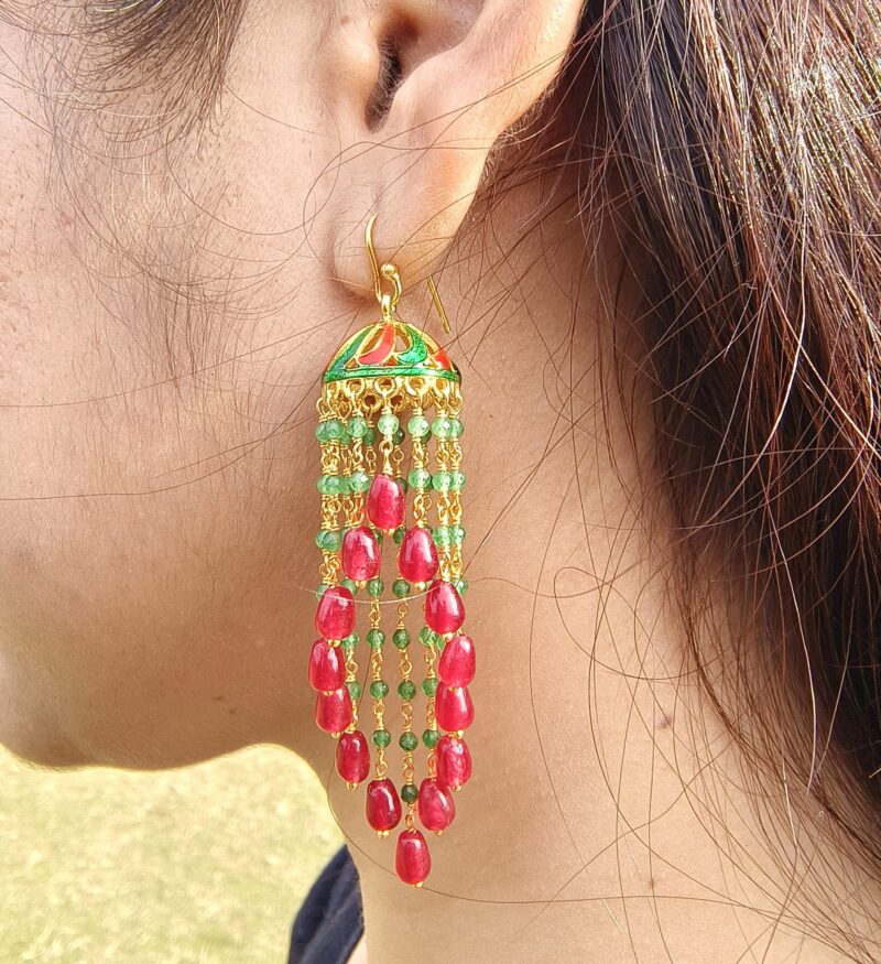 Silver Jhumkas for Women, 925 Sterling silver Gold Plated Indian Traditional Jhumka, Double Spiral Red and Green Aventurine, Modern Jhumkis - Image 2