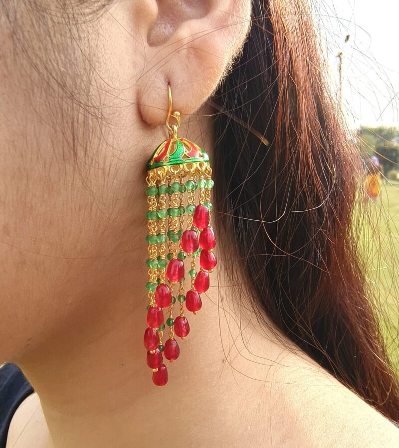 Silver Jhumkas for Women, 925 Sterling silver Gold Plated Indian Traditional Jhumka, Double Spiral Red and Green Aventurine, Modern Jhumkis