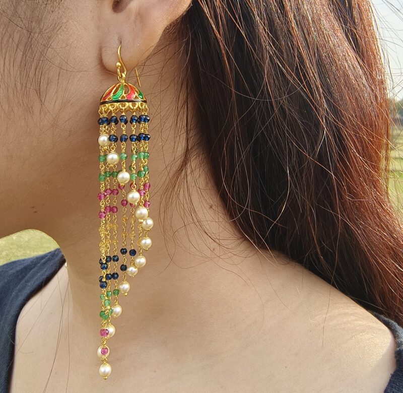 Silver Jhumka Pair, 925 Sterling silver Gold Plated Indian Traditional Jhumka for Women, Spiral Multistone Multicolor Pearl, Modern Jhumkis