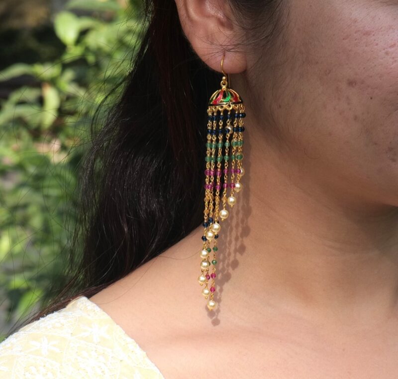 Silver Jhumka Pair, 925 Sterling silver Gold Plated Indian Traditional Jhumka for Women, Spiral Multistone Multicolor Pearl, Modern Jhumkis - Image 4