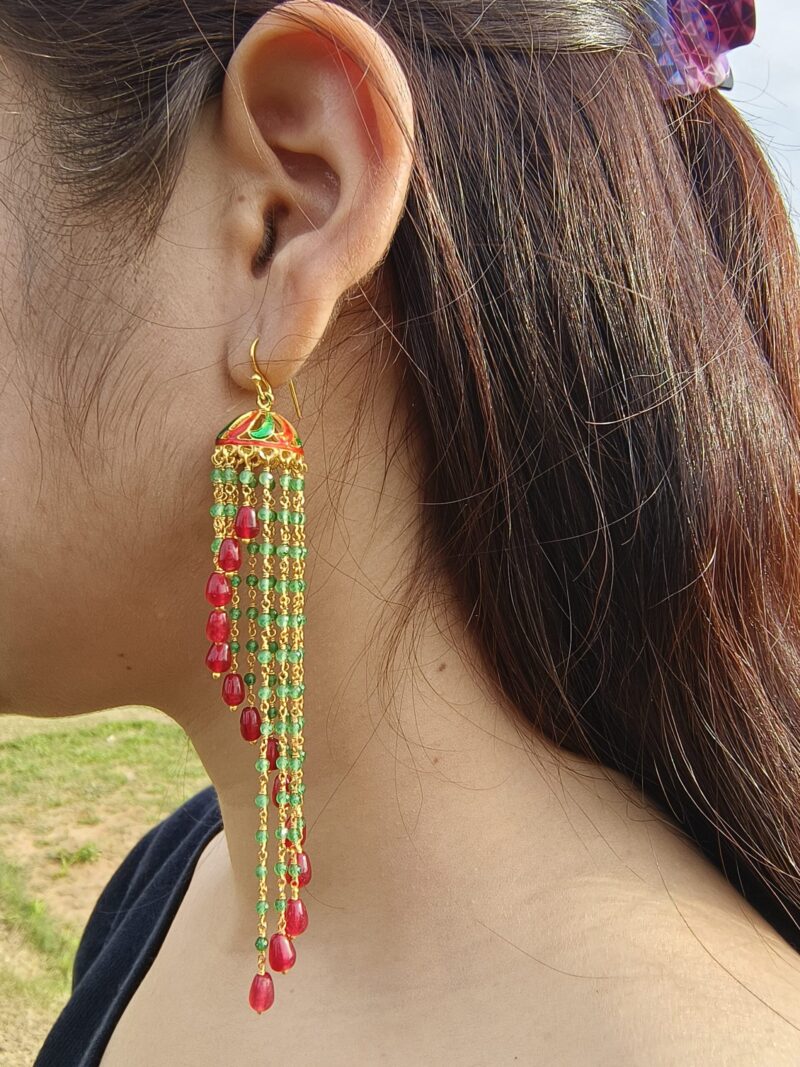 Silver Jhumkas Pair, 925 Sterling silver Gold Plated Indian Traditional Jhumka for Women, Spiral Red and Green Aventurine, Modern Jhumkis - Image 4