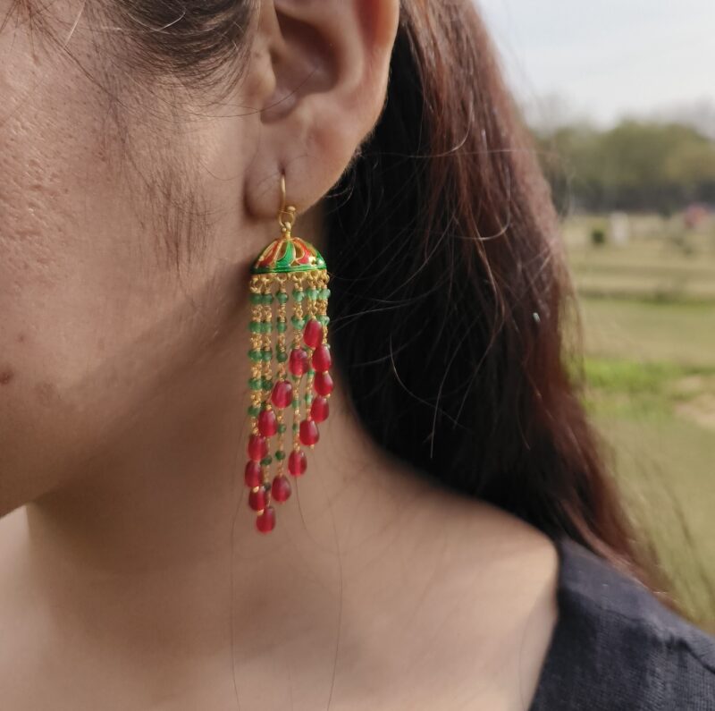 Silver Jhumkas for Women, 925 Sterling silver Gold Plated Indian Traditional Jhumka, Double Spiral Red and Green Aventurine, Modern Jhumkis - Image 3