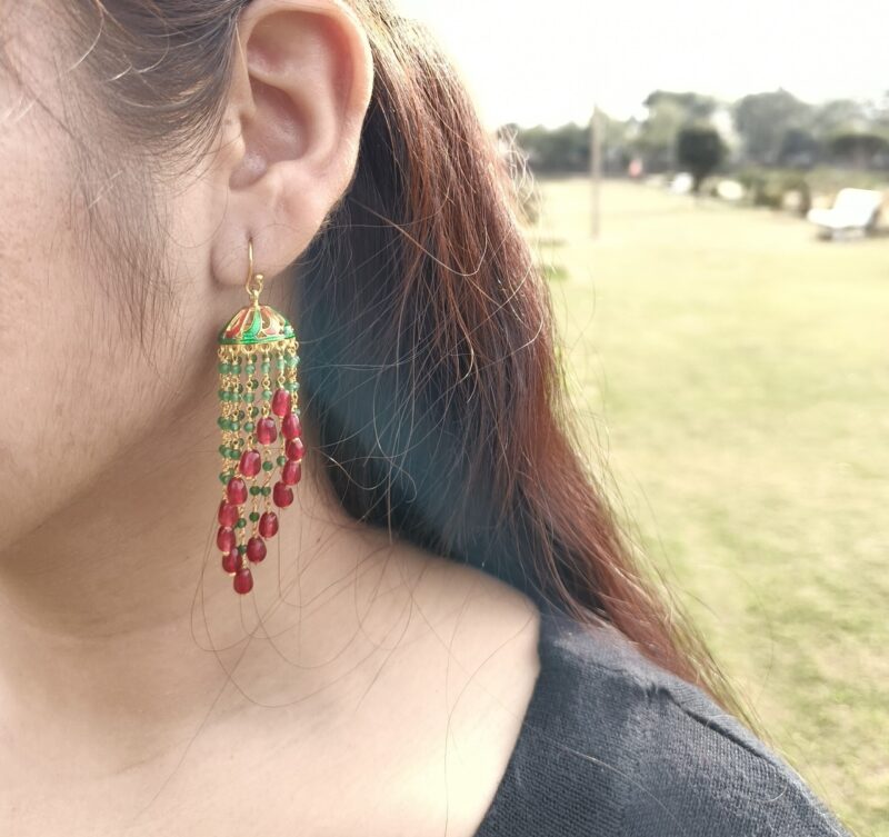 Silver Jhumkas for Women, 925 Sterling silver Gold Plated Indian Traditional Jhumka, Double Spiral Red and Green Aventurine, Modern Jhumkis - Image 4