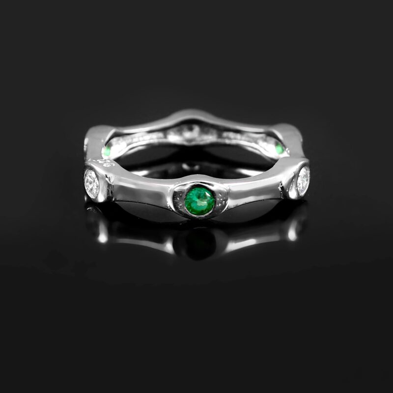 Emerald and Diamond Eternity Band, 14k Solid Gold Diamond wedding band, Traditional Minimalist Bridal Bezel set engagement Anniversary Band - Image 2