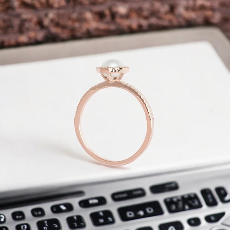 Pearl Engagement Ring, 14k Solid Gold Natural Pearl and Diamond Ring, Solitaire Ring, Art Deco Bridal Ring, Dainty Halo Wedding Ring Women - Image 3