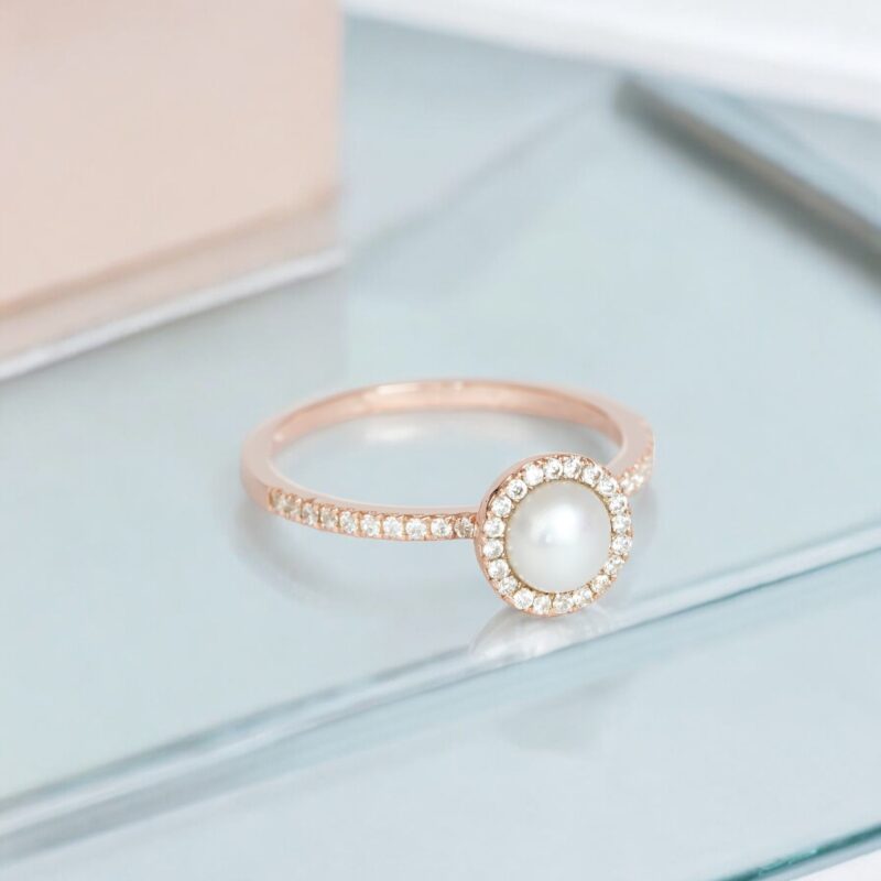 Pearl Engagement Ring, 14k Solid Gold Natural Pearl and Diamond Ring, Solitaire Ring, Art Deco Bridal Ring, Dainty Halo Wedding Ring Women - Image 2
