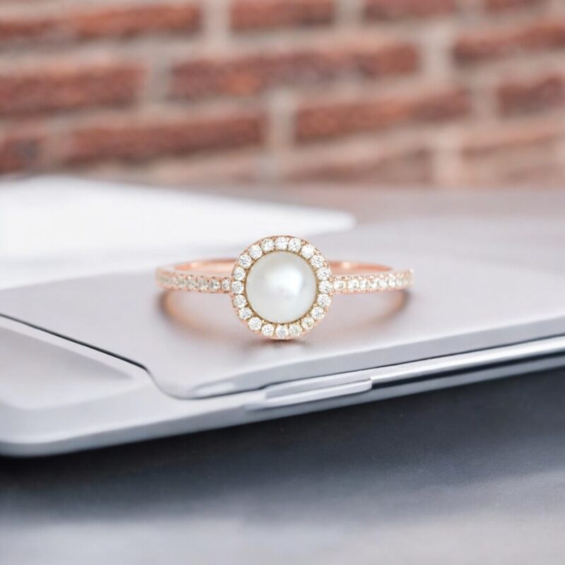 Pearl Engagement Ring, 14k Solid Gold Natural Pearl and Diamond Ring, Solitaire Ring, Art Deco Bridal Ring, Dainty Halo Wedding Ring Women