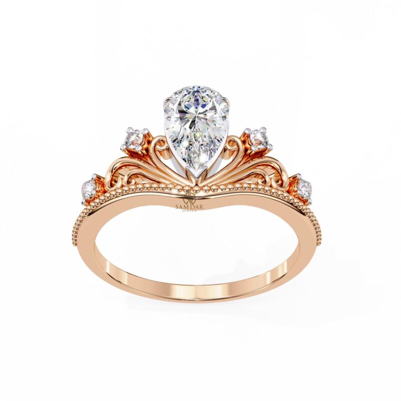 Pear Cut Moissanite Engagement Ring, Crown Shape Ring, Wedding Anniversary, 1ct Moissanite Bridal Ring, Filigree Design, Tear Drop Ring