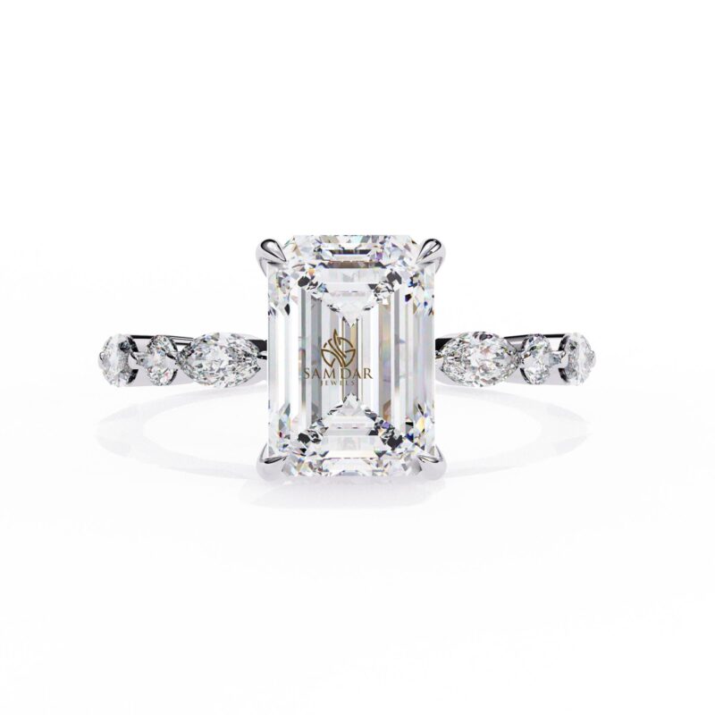 3 CT Vintage Emerald Cut Moissanite Engagement Ring Marquise Band Solitaire Ring Bridal Distance Pave Wedding Minimalist Ring Statement Ring - Image 4