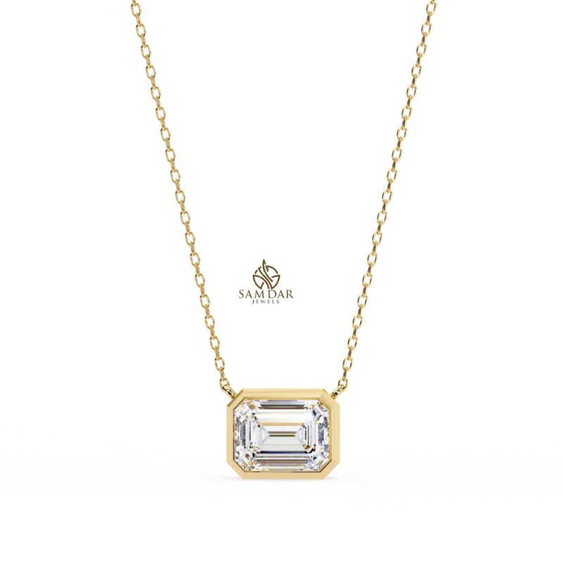 Emerald Moissanite Bezel Set Solitaire Pendant Necklace 18" Link Chain East West Set Bridal Gift Wedding And Anniversary Solitaire Everyday - Image 3