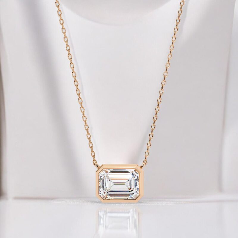 Emerald Moissanite Bezel Set Solitaire Pendant Necklace 18" Link Chain East West Set Bridal Gift Wedding And Anniversary Solitaire Everyday