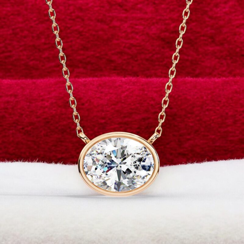 Oval Moissanite Pendant Necklace Bezel Set Solitaire 18" Link Chain East West Set Bridal Gift Wedding And Anniversary Horizontal Everyday