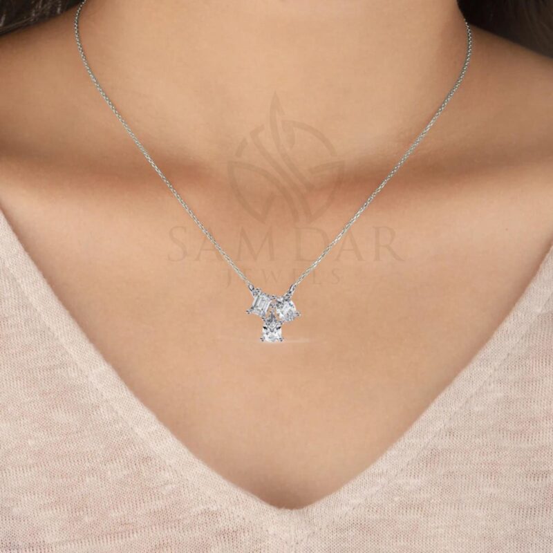 Three Stone Moissanite Solitaire Necklace, Oval Pear Emerald Cut Pendant Necklace, Minimalist Necklace, Wedding Anniversary Gift For Her - Image 3