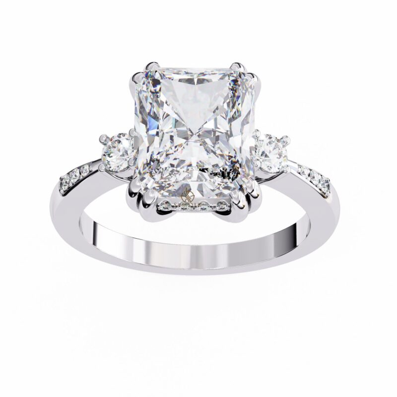 Radiant Cut Moissanite Engagement Ring, Three Stone Ring, Wedding Anniversary, 4ct Moissanite Bridal Ring, Hidden Halo, Dual Prongs Ring - Image 7