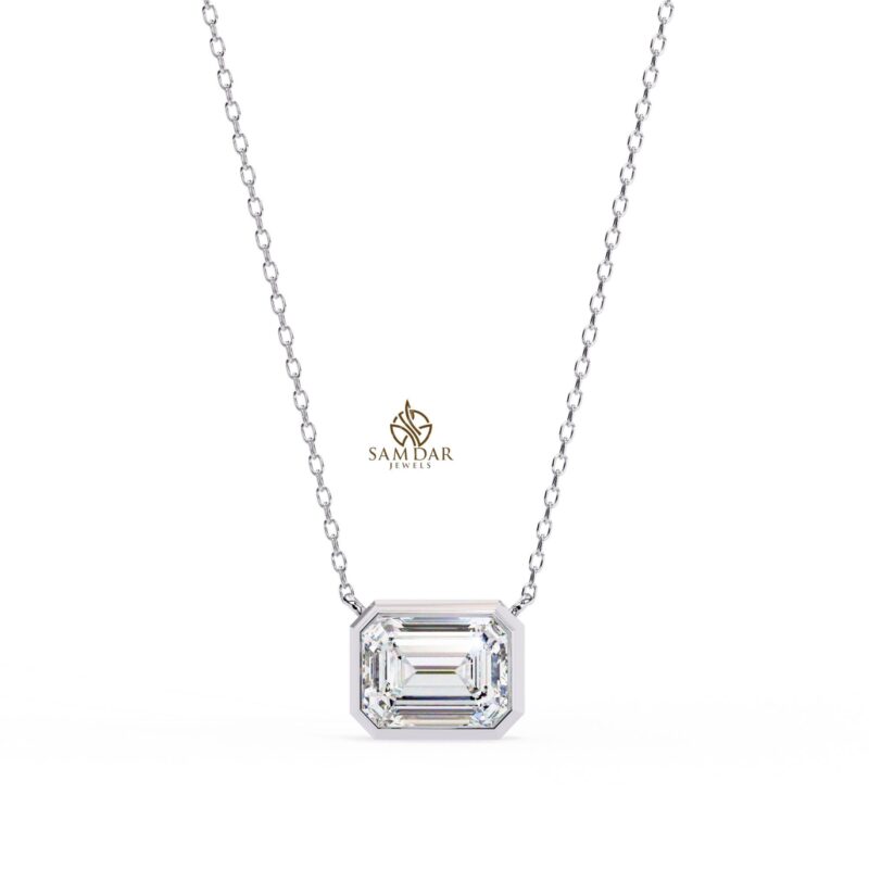 Emerald Moissanite Bezel Set Solitaire Pendant Necklace 18" Link Chain East West Set Bridal Gift Wedding And Anniversary Solitaire Everyday - Image 4
