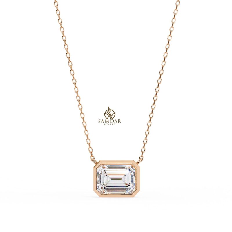 Emerald Moissanite Bezel Set Solitaire Pendant Necklace 18" Link Chain East West Set Bridal Gift Wedding And Anniversary Solitaire Everyday - Image 2