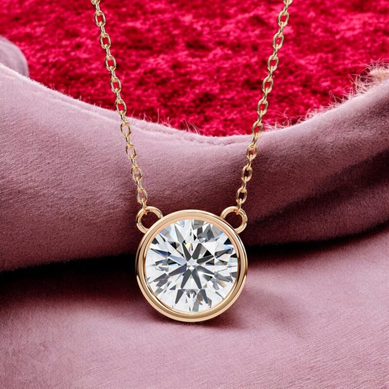 Round Moissanite Pendant Necklace Bezel Set Solitaire 18" Link Chain Minimalist Set Bridal Gift Wedding And Anniversary Everyday Wear